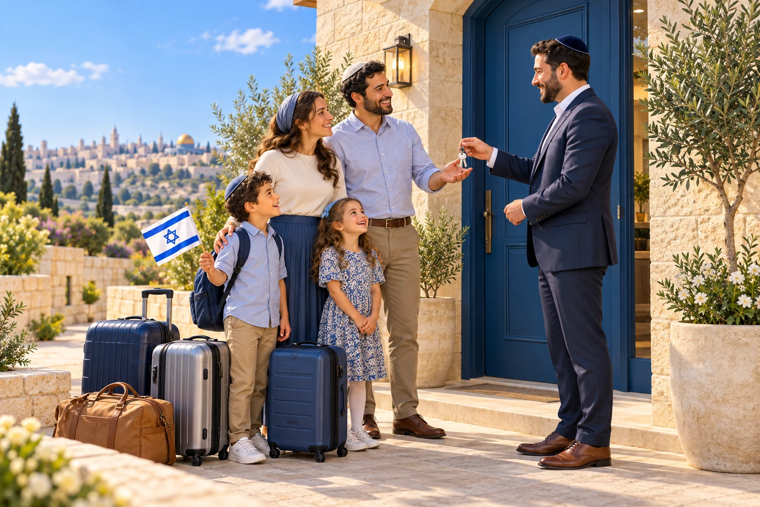 Illustration of a Jewish family with suitcases outside their home in Israel, a child holding an Israeli flag and a representative handing over the keys